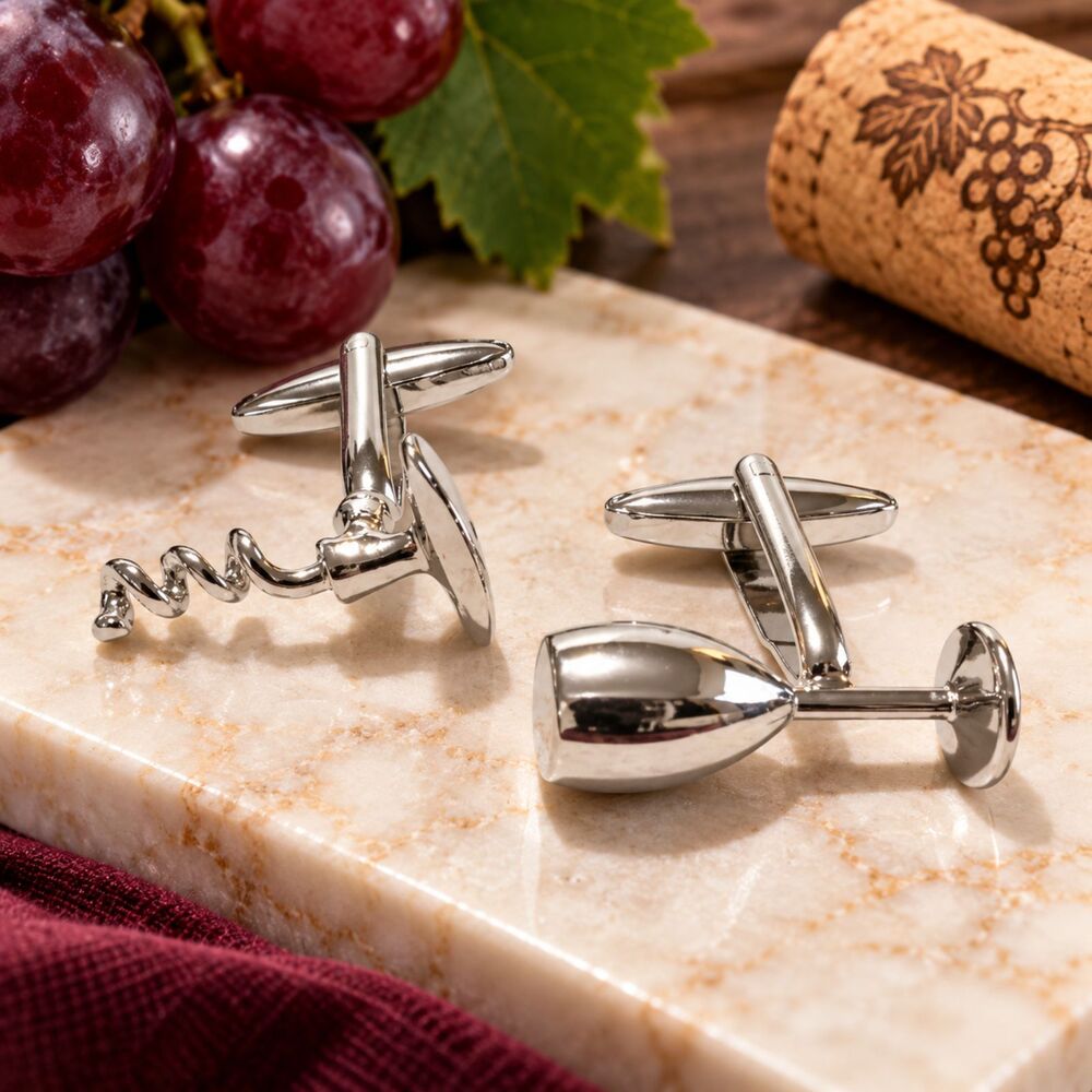 Silver Tone Wine Themed Cufflinks NWT Corkscrew Wine Glass Men's Jewelry